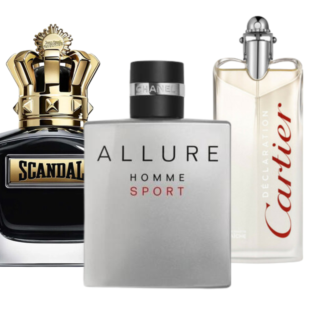 Set of 3 fragrances: Allure Homme Sport, Jean Paul Gaultier Scandal and Cartier Déclaration (Eau de Parfum)