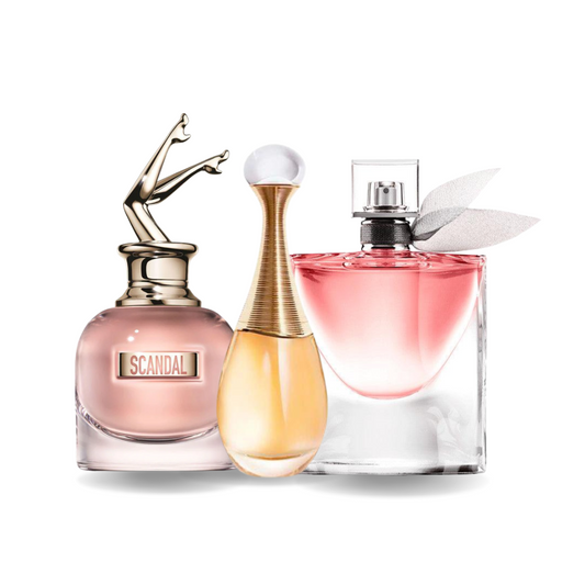 Set of 3 fragrances: Jean Paul Gaultier SCANDAL, Dior J'ADORE and Lancôme LA VIE EST BELLE (Eau de Parfum)