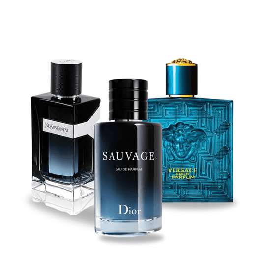 3-piece perfume set: Dior SAUVAGE, Yves Saint Laurent Y MEN and Versace EROS