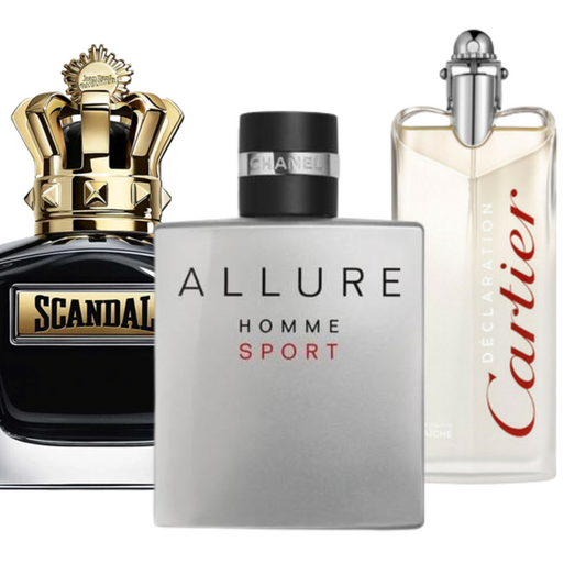Set of 3 fragrances: Allure Homme Sport, Jean Paul Gaultier Scandal and Cartier Déclaration (Eau de Parfum)